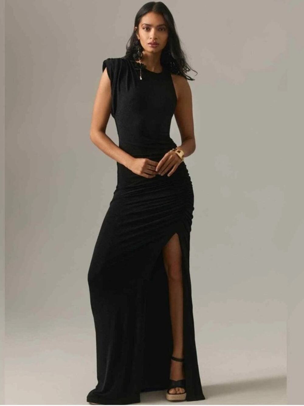 Misha Anthropologie NWTs Sleeveless Black Ruched Maxi Dress Thigh Slit size XL